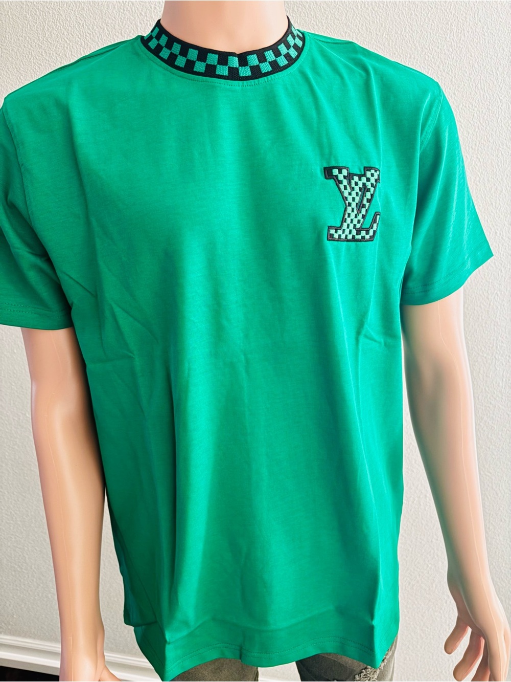 Louis Vuitton Green Checker-Trim LV Logo Short Sleeve Tee